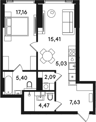 2-комн., 57.19 м², 32/41 этаж, ЖК «СОЛОС»