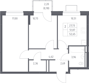 2-комн., 51.87 м², 10/12 этаж, ЖК «Богдановский лес»