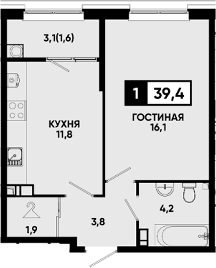 1-комн., 37.8 м², 3/12 этаж, ЖК «Квартал на курорте Моя Легенда»