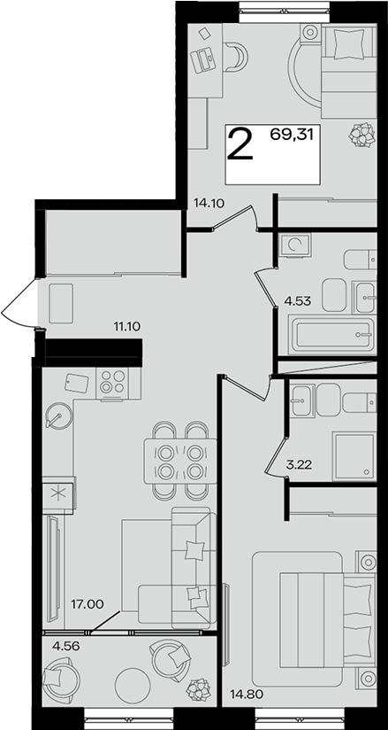 3-комн. квартира, 65.92 м² в ЖК Патрики — фото 2