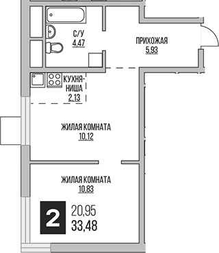 2-комн., 33.48 м², 6/14 этаж, ЖК «Гранель Аникеевский»