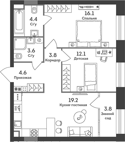 3-комн., 63.8 м², 25/52 этаж, ЖК «ЭРА»