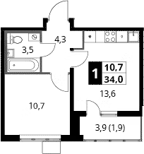 1-комн., 32.1 м², 2/24 этаж, ЖК «1-й Южный»