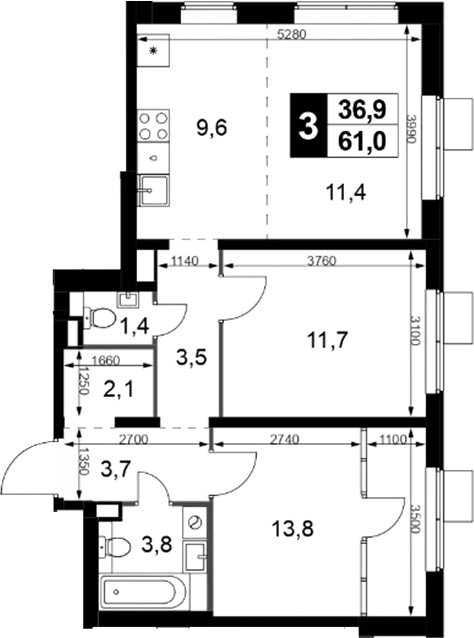 3-комн., 61 м², 3/17 этаж, ЖК «1-й Химкинский»