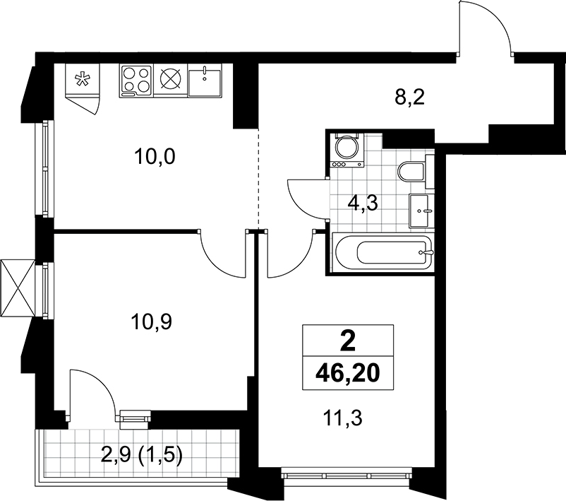 2-комн., 44.7 м², 12/15 этаж, ЖК «Деснаречье»