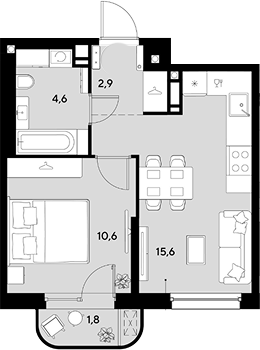1-комн., 33.7 м², 8/18 этаж, ЖК «Грейд»