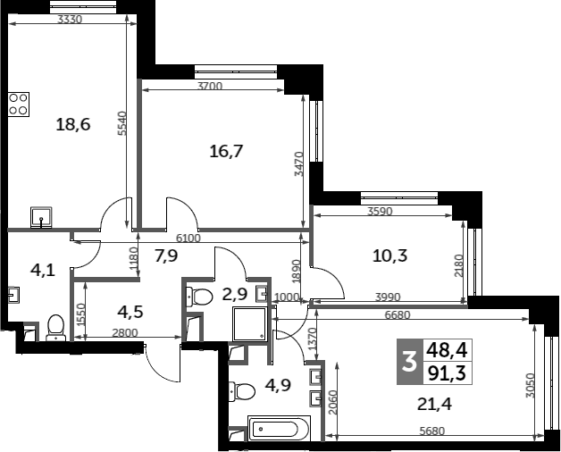 3-комн., 91.3 м², 32/44 этаж, ЖК «Сидней Сити»