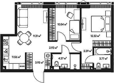 3-комн., 61.02 м², 31/57 этаж, ЖК «Джойс»