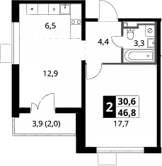 2-комн., 44.8 м², 18/24 этаж, ЖК «1-й Донской»