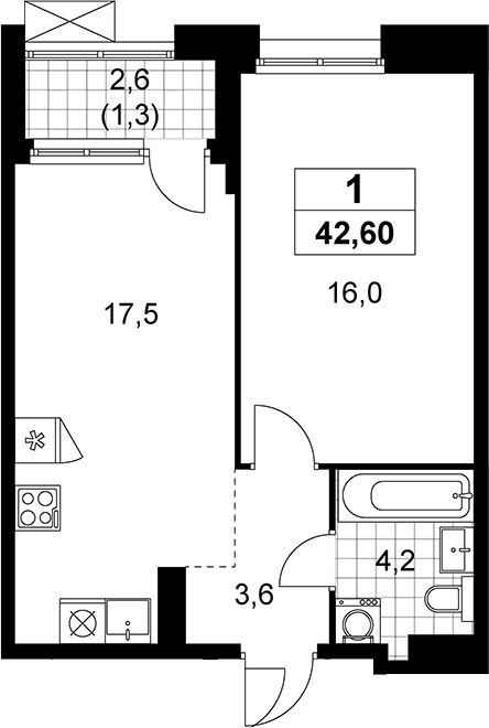 2-комн., 41.3 м², 15/19 этаж, ЖК «Прокшино»