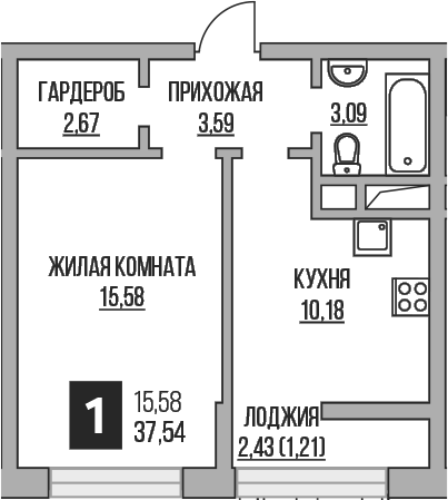 1-комн., 35.11 м², 2/16 этаж, ЖК «Гранель Пехра»