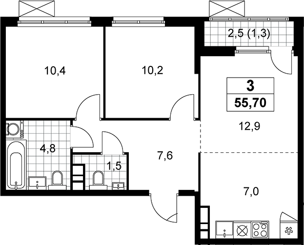 3-комн., 54.4 м², 20/22 этаж, ЖК «Южные сады»