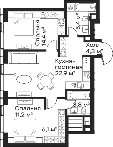 3-комн., 68.1 м², 55/59 этаж, ЖК «Сити Бэй»