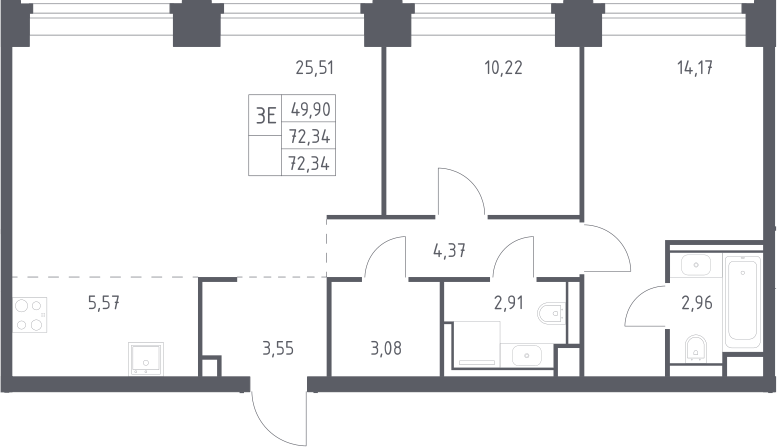 3-комн., 72.34 м², 24/40 этаж, ЖК «НОВА»