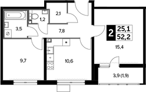 2-комн., 51.3 м², 2/23 этаж, ЖК «Южная Битца»