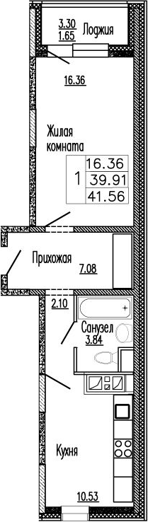 1-комн., 41.25 м², 4/9 этаж, ЖК «Клевер»