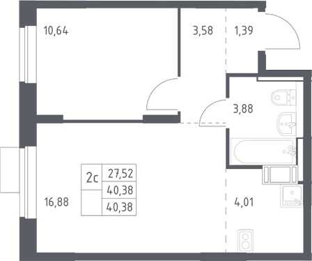 2-комн., 40.38 м², 2/12 этаж, ЖК «Пятницкие Луга»