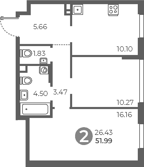 2-комн., 51.99 м², 2/28 этаж, ЖК «Нижегородская от Гранель»