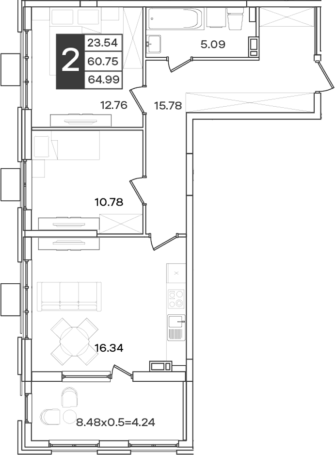 2-комн., 60.75 м², 7/18 этаж, ЖК «Сюжеты»