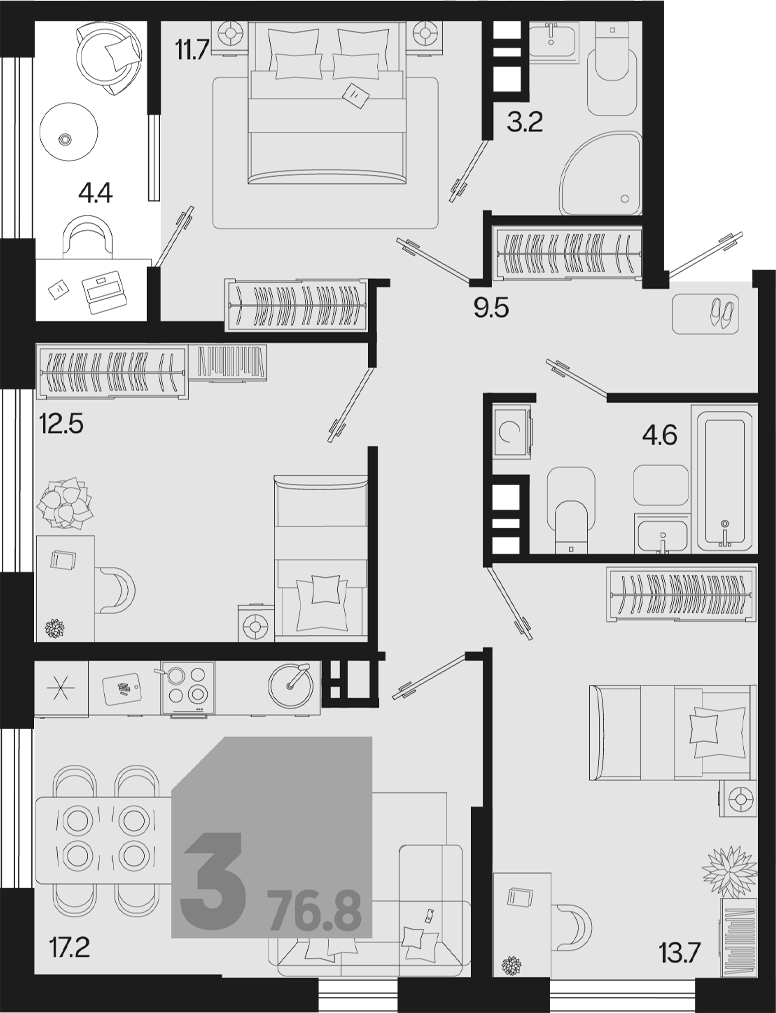 4-комн. квартира, 72.4 м² в ЖК Первое место — фото 2