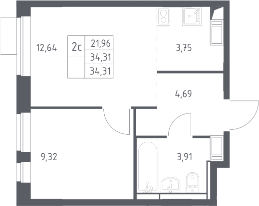 2-комн., 34.31 м², 12/12 этаж, ЖК «Пятницкие Луга»