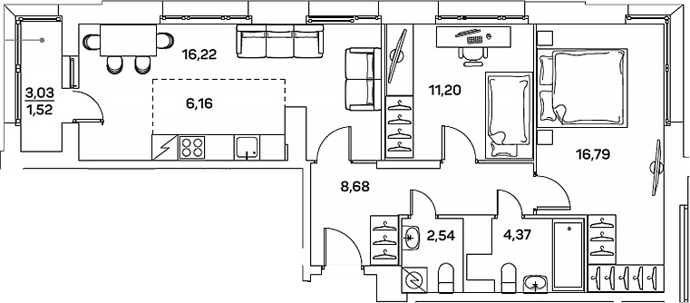 3-комн., 65.96 м², 13/25 этаж, ЖК «Аквилон БИСАЙД 2.0»