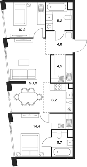 3-комн., 68.8 м², 24/24 этаж, ЖК «СОУЛ»