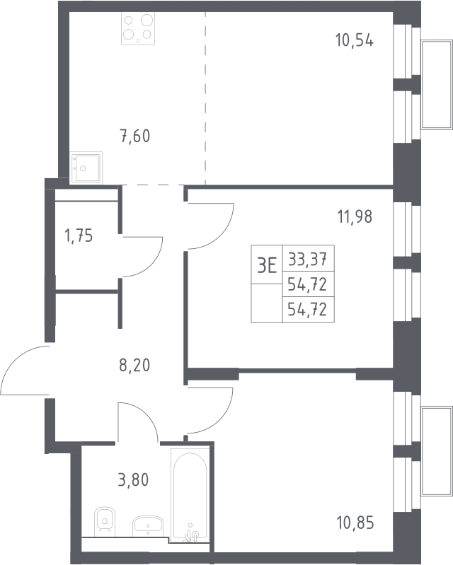 3-комн., 54.72 м², 23/24 этаж, ЖК «Квартал Строгино»