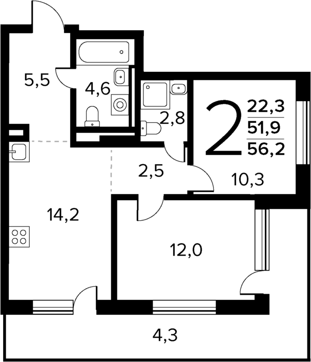 2-комн., 51.9 м², 1/14 этаж, ЖК «Новые Ватутинки Квартал у реки»