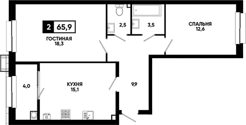 2-комн., 61.9 м², 2/16 этаж, ЖК «Кварталы 17/77»