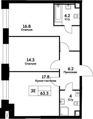 3-комн., 63.3 м², 34/34 этаж, ЖК «ЭВЕР»