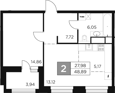 2-комн., 46.92 м², 13/15 этаж, ЖК «Восток 2»