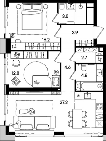 3-комн., 76.1 м², 23/45 этаж, ЖК «СТОУН Грэйн»