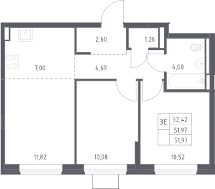 3-комн., 51.97 м², 9/12 этаж, ЖК «Богдановский лес»