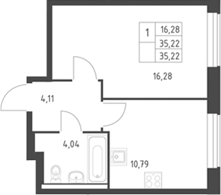 1-комн., 35.22 м², 14/17 этаж, ЖК «Горки Парк»
