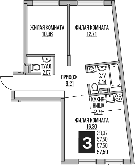 3-комн., 57.5 м², 1/5 этаж, ЖК «Гранель Аникеевский»