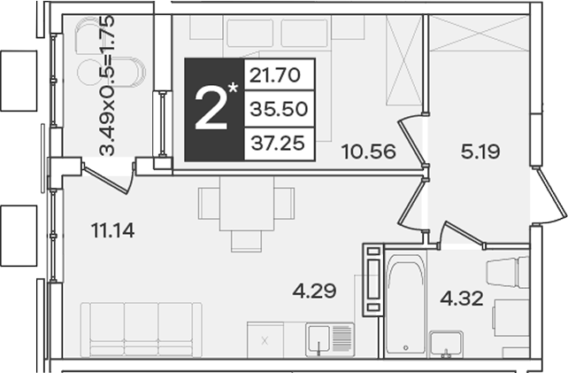 2-комн., 35.5 м², 3/9 этаж, ЖК «Сюжеты»