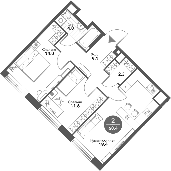 3-комн., 60.4 м², 15/18 этаж, ЖК «Воксхолл»