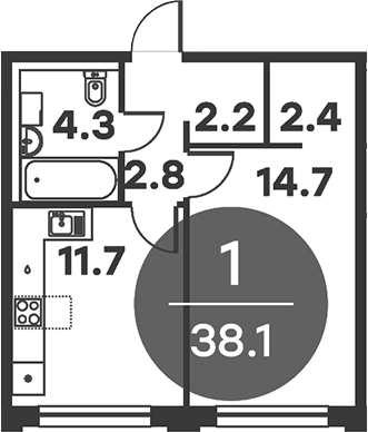 1-комн., 38.1 м², 2/6 этаж, ЖК «Равновесие»