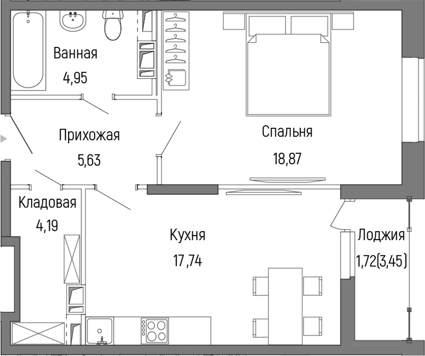 1-комн., 51.38 м², 6/9 этаж, ЖК «Рига Хиллс»