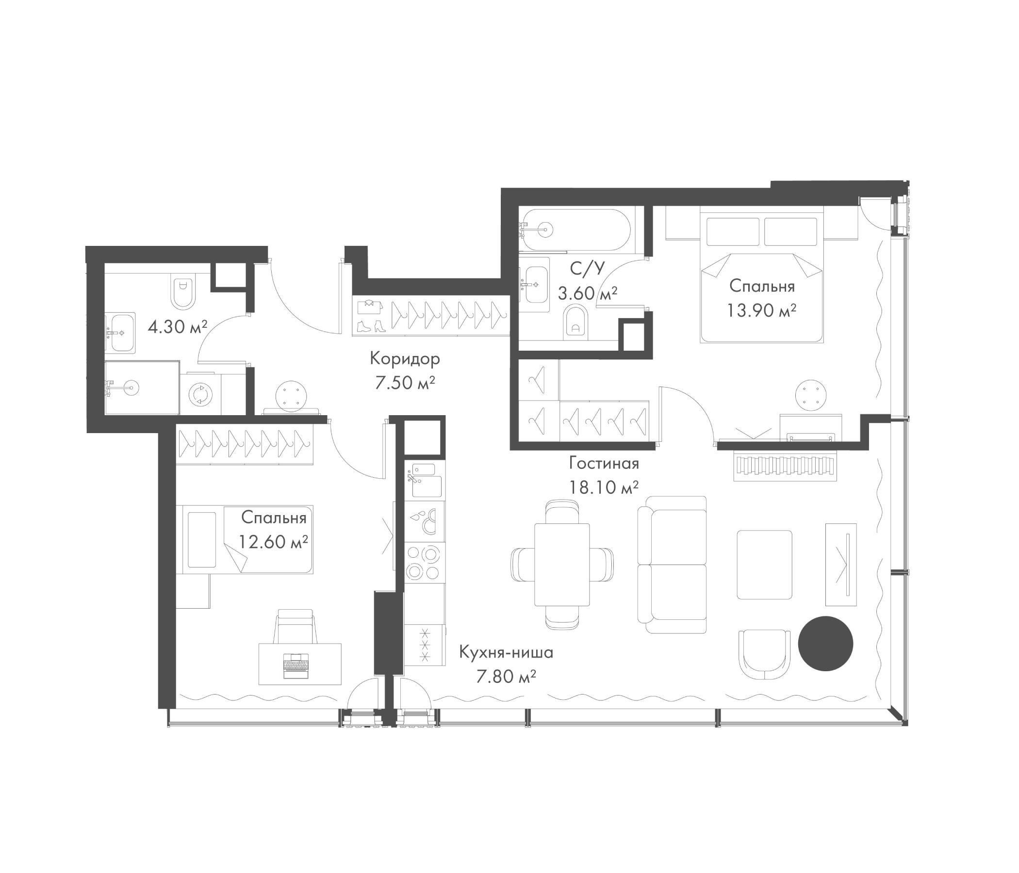 3-комн., 67.8 м², 17/37 этаж, ЖК «Слава»