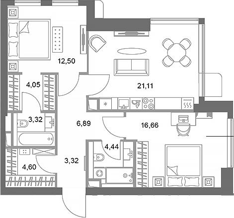 2-комн., 76.89 м², 23/75 этаж, ЖК «ФАЙВ ТАУЭРС»