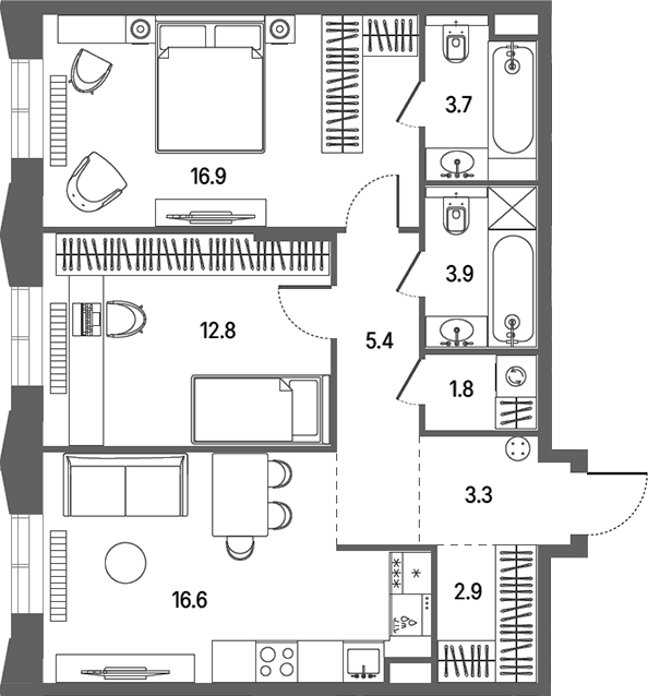 3-комн., 67.3 м², 2/12 этаж, ЖК «КОД Сокольники»