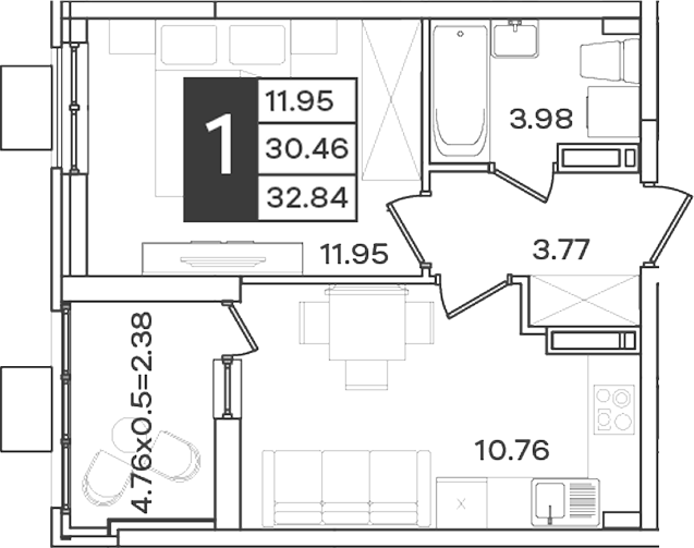 1-комн., 30.46 м², 16/18 этаж, ЖК «Сюжеты»