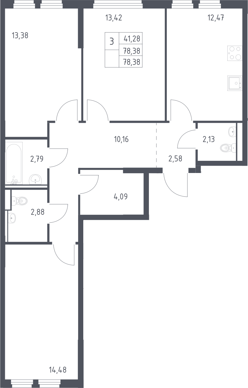 3-комн., 78.38 м², 15/15 этаж, ЖК «Пригород Лесное»