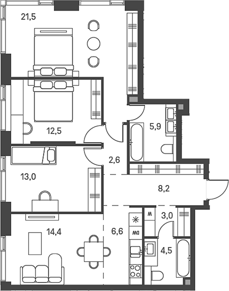 4+ комнаты, 92.4 м², 33/40 этаж, ЖК «Моментс»