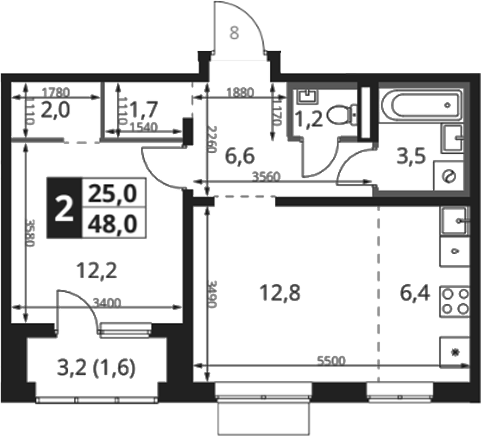 2-комн., 47.4 м², 3/18 этаж, ЖК «1-й Ясеневский»