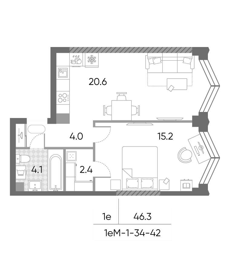 2-комн., 46.3 м², 41/43 этаж, ЖК «ЗилАрт»