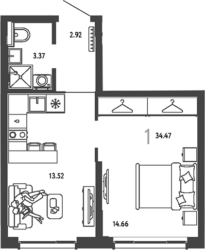 1-комн., 34.47 м², 23/25 этаж, ЖК «Страна.Парковая»