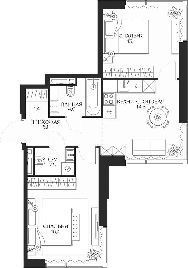 2-комн., 56.8 м², 3/12 этаж, ЖК «Кутузов Сити»